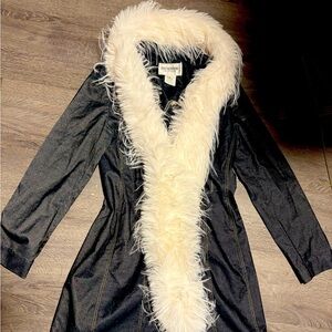 Stylish Black Denim coat with Faux Fur Collar